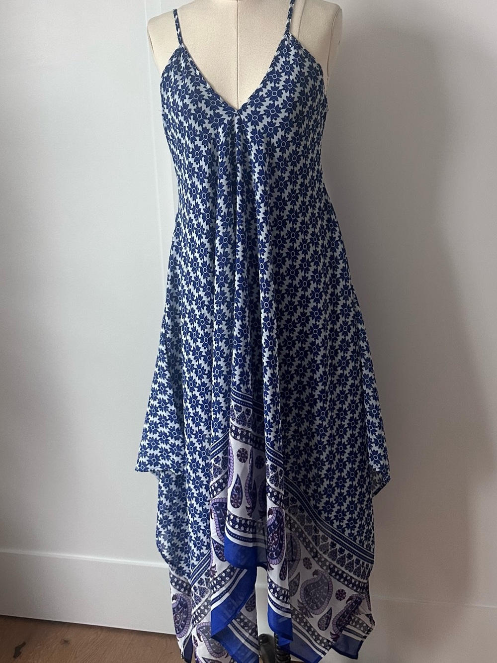 Gorgeous Blue Paisley Asymmetrical Handkerchief Dress - (zoom for measurements)